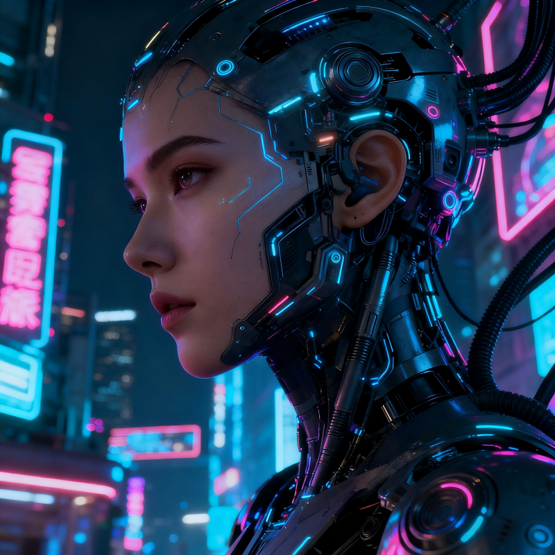 Cyberpunk street market with neon signs