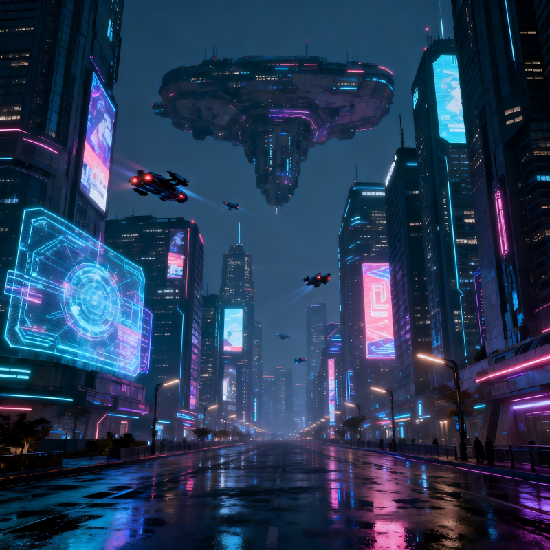 A futuristic cityscape at sunset with flying cars